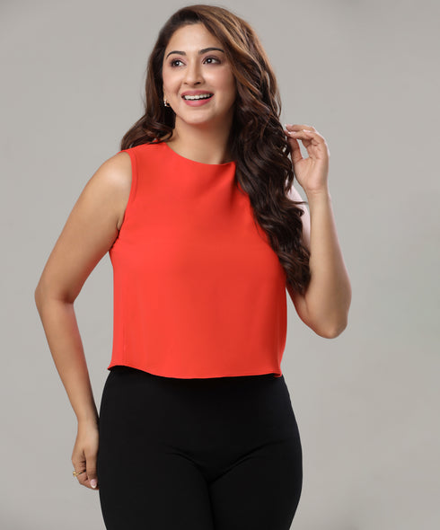 Flared Sleeveless Chiffon Orange Top